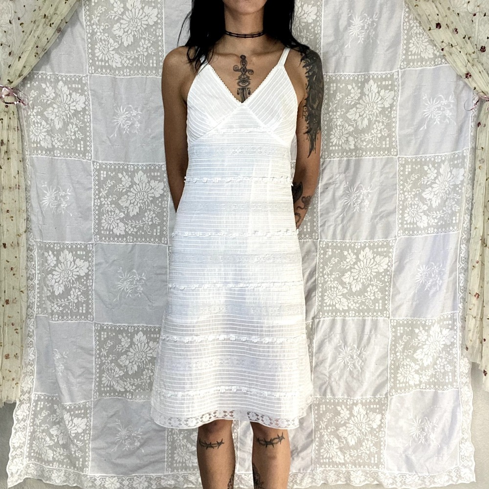 Y2K Pura Vida Dainty White Cotton Pintuck Cottagecore Coquette Summer Midi Dress